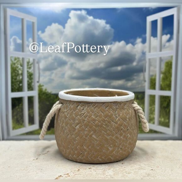 Barilito Rattan Neutral Stone Planter Pot with handles - Picture 2 of 8